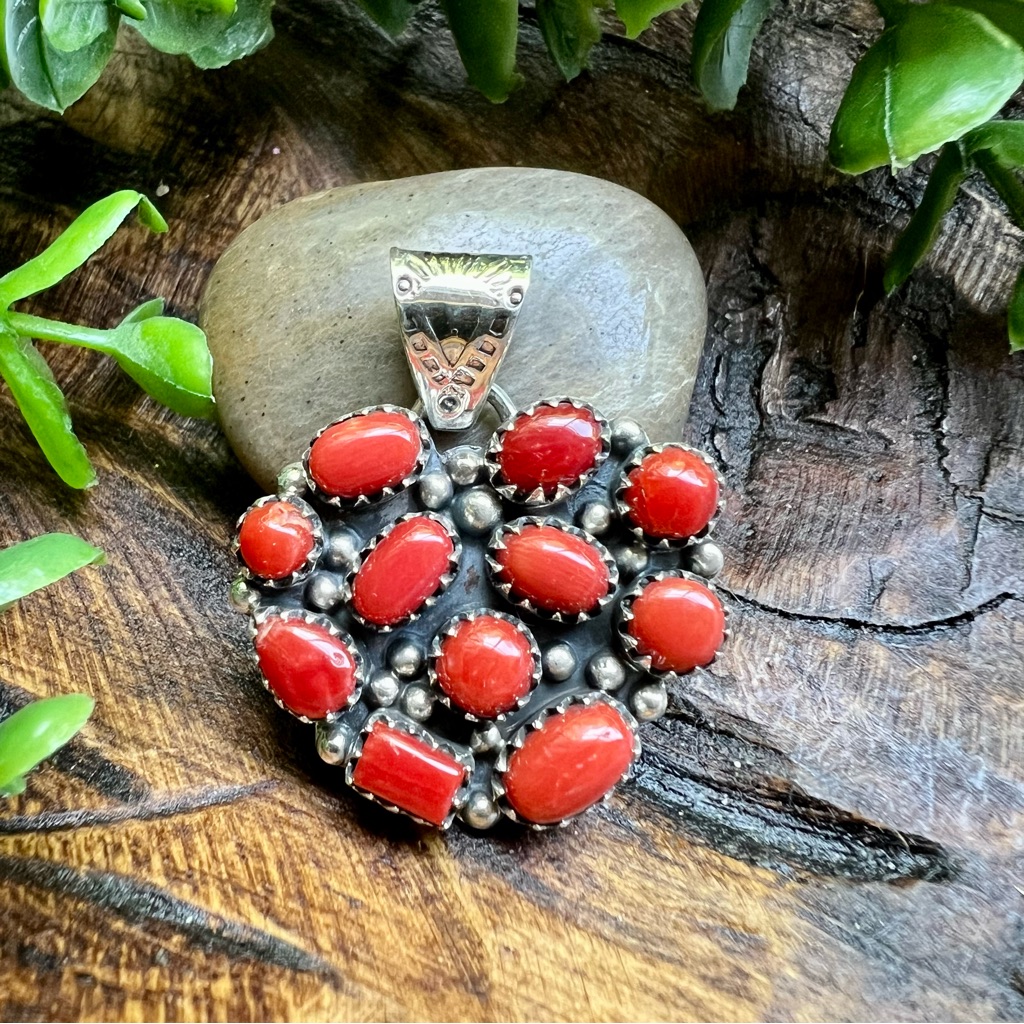 Italian Red Coral Cluster Heart Pendant 925 Sterling Silver | Southwestern